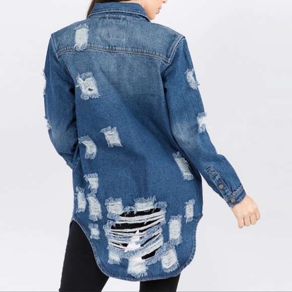 #219 FINAL PRICE 🛑S,M,L Long Length DISTRESSED DENIM JACKET TOP - Picture 2 of 9